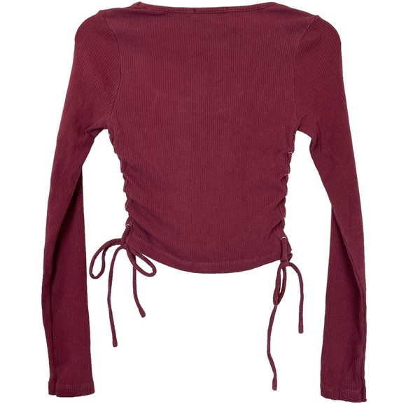 Forever 21 Long Sleeve Crop Top Burgundy Maroon Ribbed Crewneck Lace Up Medium - Picture 2 of 6